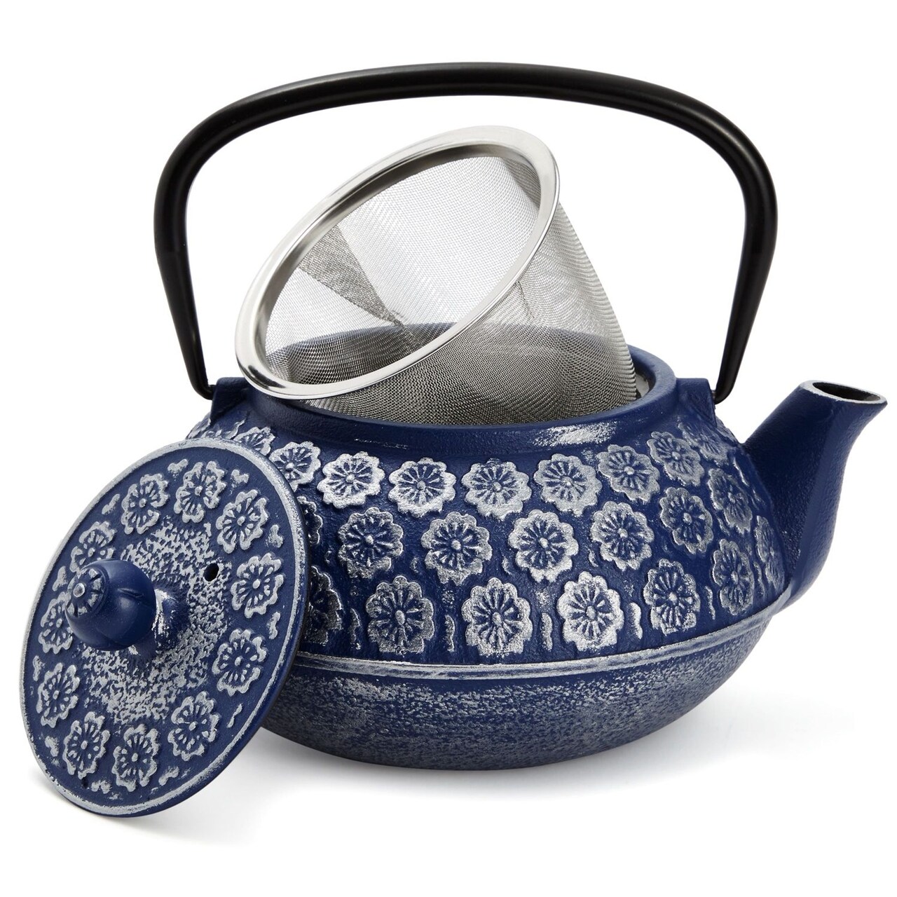 Juvale Japanese Cast Iron Teapot with Infuser & Stovetop Tea Kettle - 34 oz, Blue - Heat Retention, Removable Lid & Fold-Down Handle